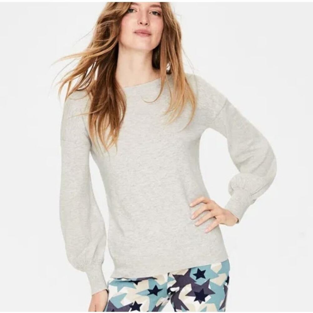 BODEN Muriel Wool Blend Sweater Womens M Balloon Sleeve Light Gray Crewneck Knit